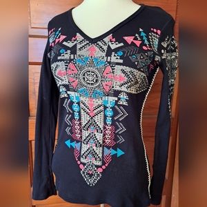 Vocal Unique Long Sleeve Black w/multi colored crystals & cross Size M